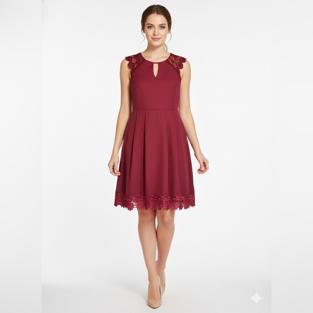 Alya Burgundy Lace Trim Fit & Flare Dress Size Small